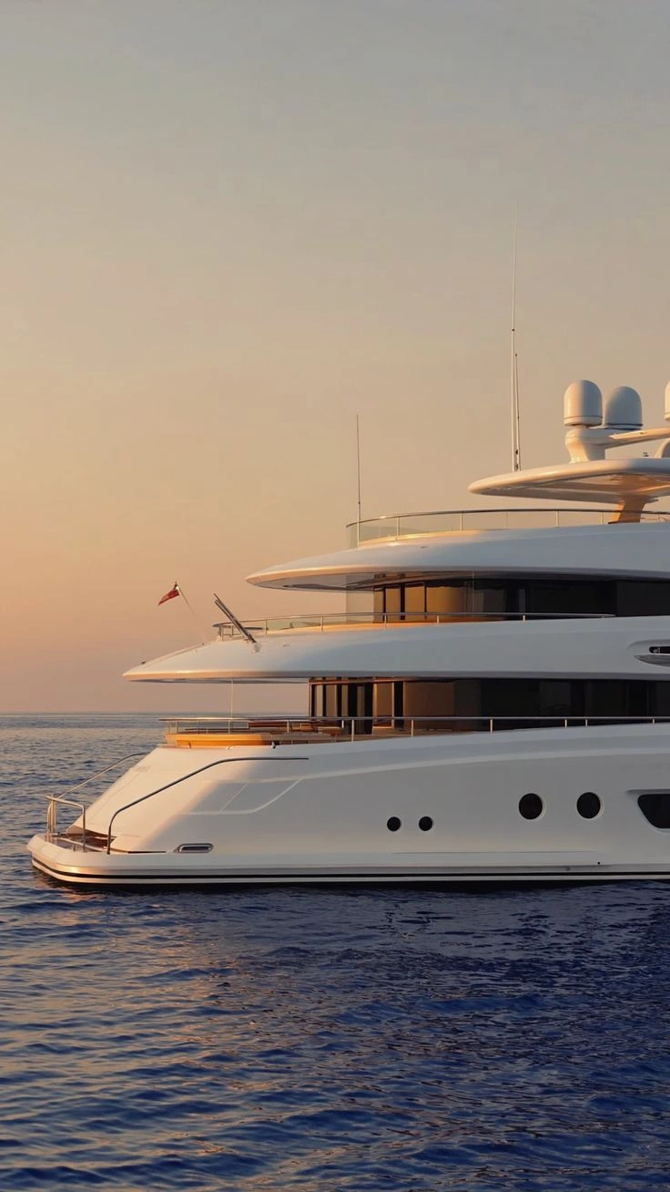 Superyacht aft decks at golden hour on calm Mediterranean water
