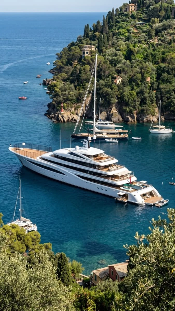 Superyachts anchored in an Italian bay below coastal villas